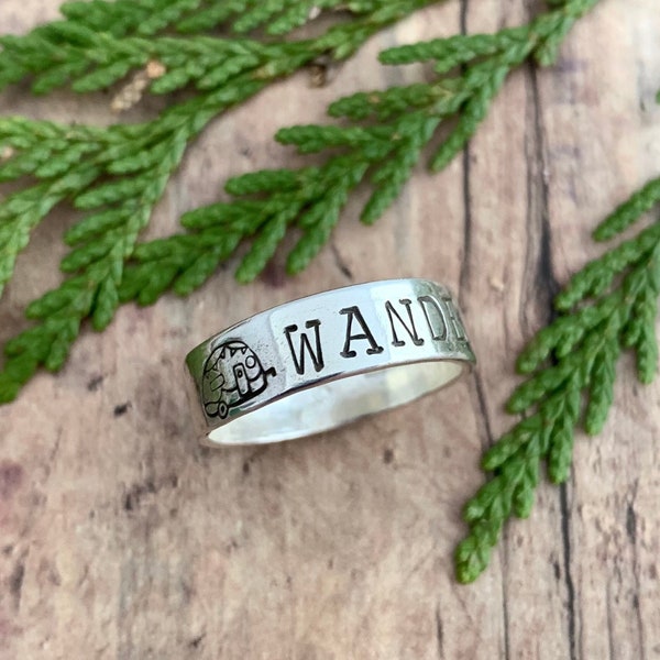 Wander and Camper Trailer Ring, Hand Stamped, Sterling Silver, Camper and Wander Ring