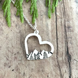Mountain and Heart Necklace, Hand Cut, Sterling Silver, Mountain and Tree in Heart Cut Out Necklace
