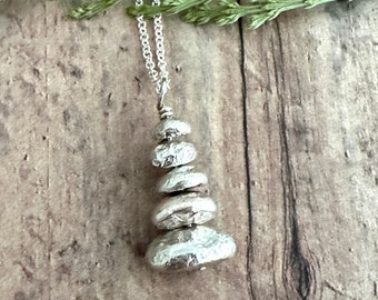 Rock Cairn Necklace, Sterling Silver, Stacked Rocks Pendant