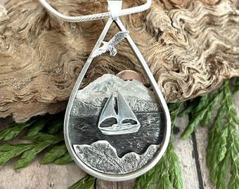 Mountain and Sailboat Necklace, Hand Cut, Mixed Metal Shadowbox Sea Necklace