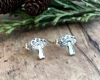 Mushroom Stud Earrings, Tiny Amanita Muscaria Sterling Silver Earrings