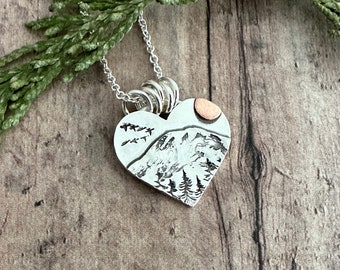 Mount Rainier Mountain Necklace, Mixed Metal, Nature and Heart Necklace