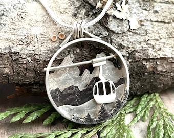 Mountain, Tree and Ski Gondola Necklace, Kinetic Shadowbox Necklace