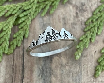 Mountain and Tree Ring, Hand Cut and Stamped, Silver Nature Ring