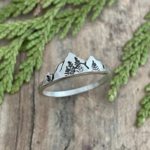 Mountain and Tree Ring, Hand Cut and Stamped, Silver Nature Ring