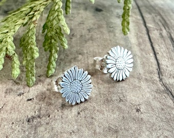 Daisy Earrings, Hand Cut, Sterling Silver, Flower Stud Earrings