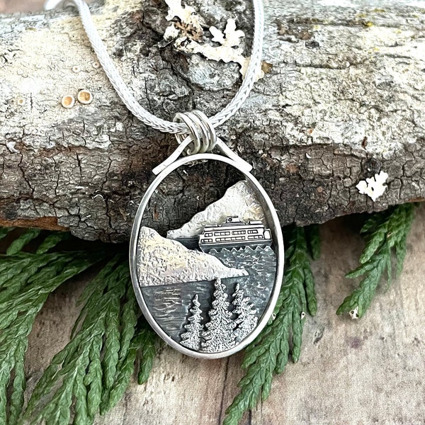 Ferry Boat, Island and Sea Shadowbox Necklace, Kinetic Necklace, Pine Tree and Ocean Necklace