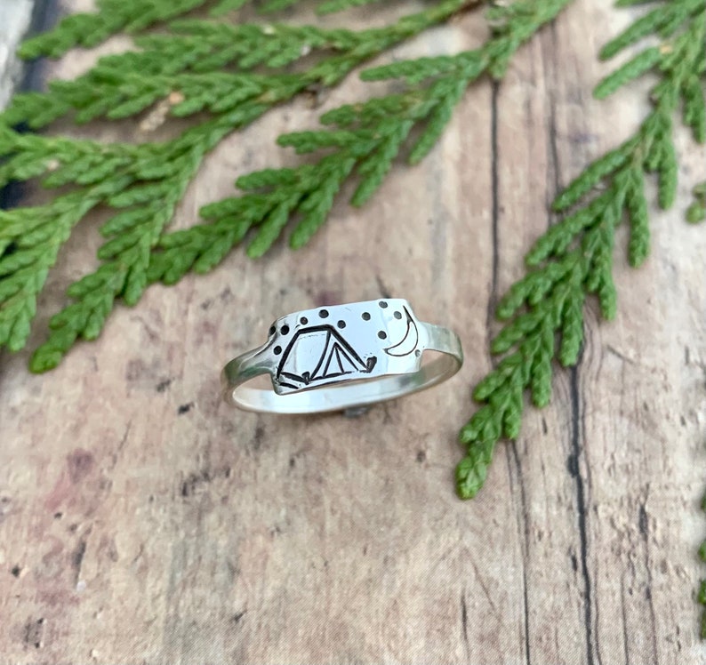 Camping Ring Hand Stamped Sterling Silver Tent Moon and Etsy