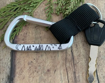 Pine Tree, Bird and Moon Keychain, Hand Stamped, Explore and Pine Carabiner