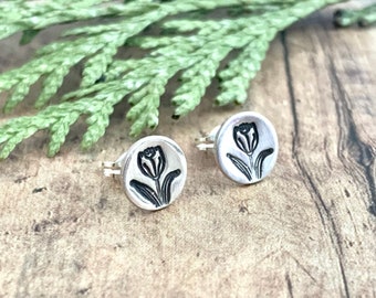 Tulip Stud Earrings, Hand Cut, Hand Stamped, Flower Circle Stud Earrings