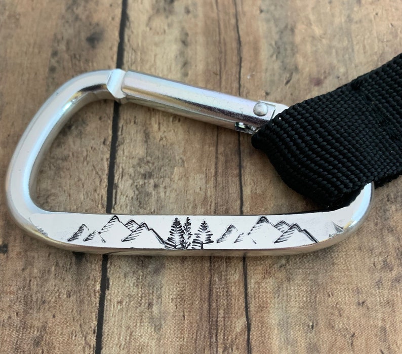 Mountain and Tree Keychain, Hand Stamped, Carabiner, Wander and Hiking Keychain image 2