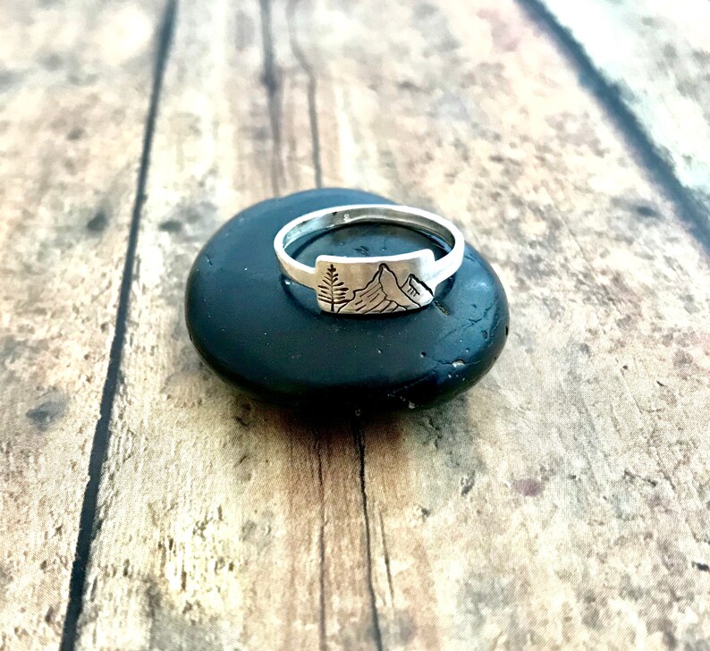 Mountain and Pine Tree Ring, Hand Stamped, Sterling Silver, Mountains and Pine Ring image 2