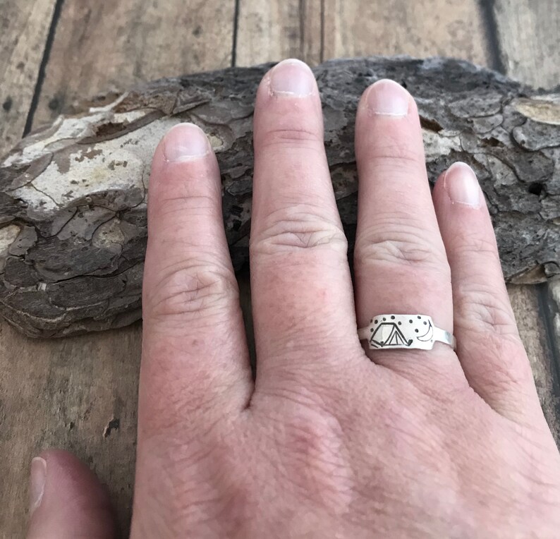 Camping Ring Hand Stamped Sterling Silver Tent Moon and Etsy