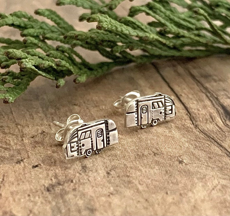 Airstream Camper Trailer Stud Earrings, Hand Cut, Sterling Silver, Camper Trailer Stud Earrings image 1