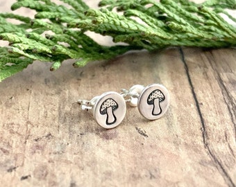 Tiny Mushroom Earrings, Sterling Silver, Amanita Muscaria Stud Earrings