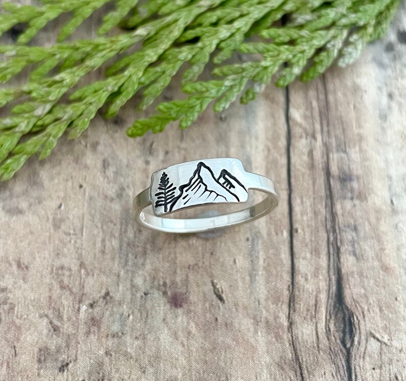 Mountain and Pine Tree Ring, Hand Stamped, Sterling Silver, Mountains and Pine Ring image 1