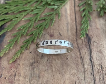 Wander and Arrow Stacking Ring, Sterling Silver, Hand Stamped, Wander with Arrow Skinny Ring