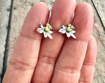 Daffodil Dangle Earrings, Hand Cut, Mixed Metal, Narcissus Flower Earrings