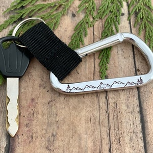 Mountain and Tree Keychain, Hand Stamped, Alpine Carabiner Keychain image 2