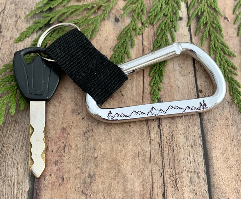 Mountain and Tree Keychain, Hand Stamped, Alpine Carabiner Keychain image 2