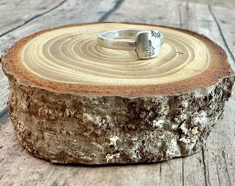 Pine Tree and Sun Ring, Hand Stamped Nature Ring, Pine Trees and Sun Hiking Ring image 4