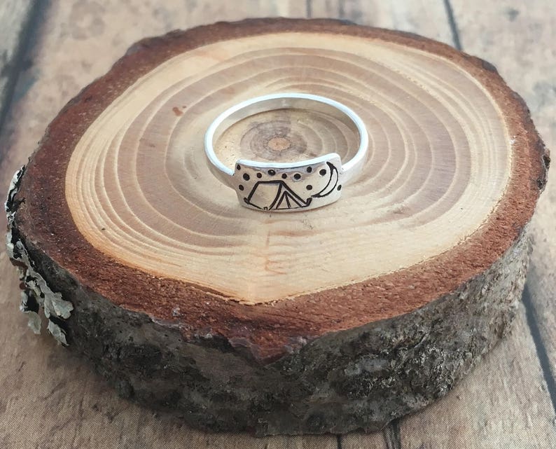 Camping Ring Hand Stamped Sterling Silver Tent Moon and Etsy