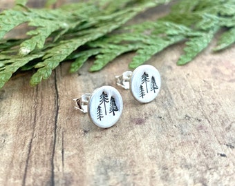 Tiny Pine Tree Earrings, Hand Stamped, Three Pine, Sterling Silver Stud Earrings