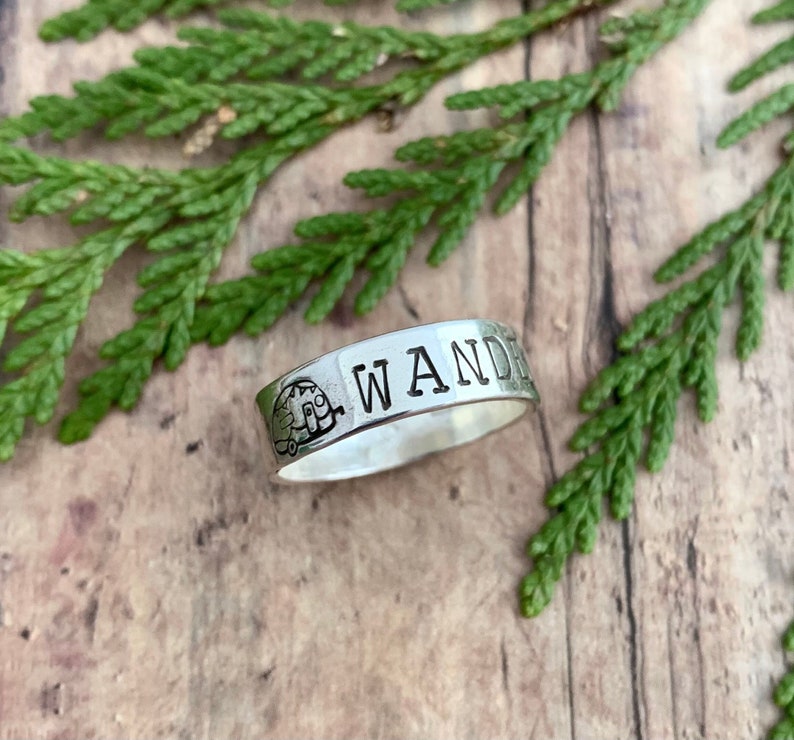 Wander and Camper Trailer Ring, Hand Stamped, Sterling Silver, Camper and Wander Ring image 1