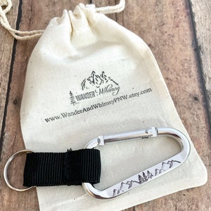 Mountain and Tree Keychain, Hand Stamped, Carabiner, Wander and Hiking Keychain image 7