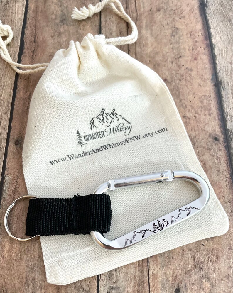Mountain and Tree Keychain, Hand Stamped, Carabiner, Wander and Hiking Keychain image 7