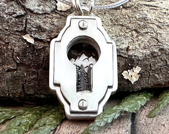 Mountain and Tree Shadowbox Necklace, Keyhole Necklace, Hand Cut, Sterling Silver Nature is Key Pendant