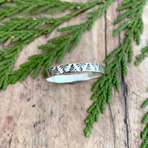 Pine Tree Stacking Ring, Hand Stamped, Sterling Silver, Pine Tree Skinny Stackable Ring