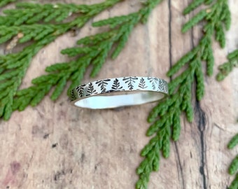 Pine Tree Stacking Ring, Hand Stamped, Sterling Silver, Pine Tree Skinny Stackable Ring