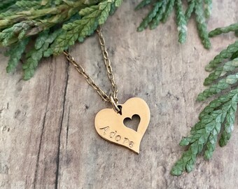 Adore Heart Necklace, Hand Stamped Adore, Heart with Heart Cut Out Necklace