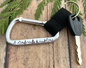 Mountain and Tree Keychain, Hand Stamped, Alpine Carabiner Keychain