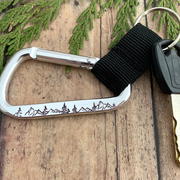 Mountain and Tree Keychain, Hand Stamped, Alpine Carabiner Keychain