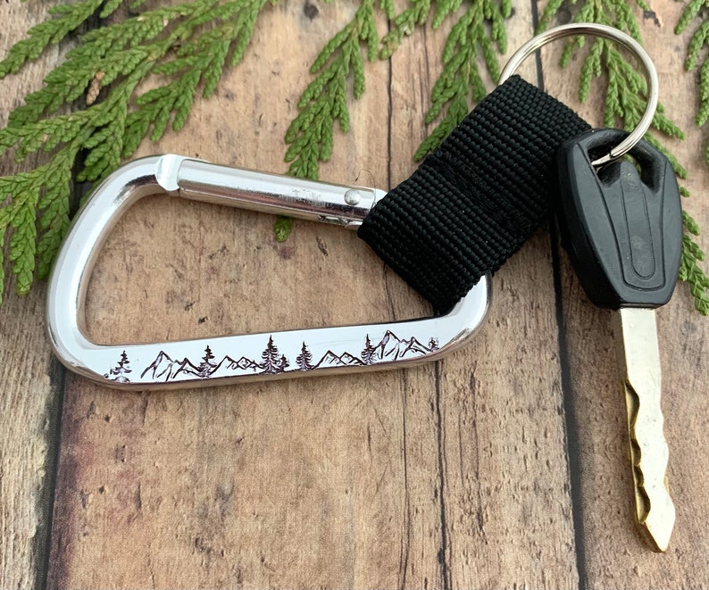 Mountain and Tree Keychain, Hand Stamped, Alpine Carabiner Keychain image 1