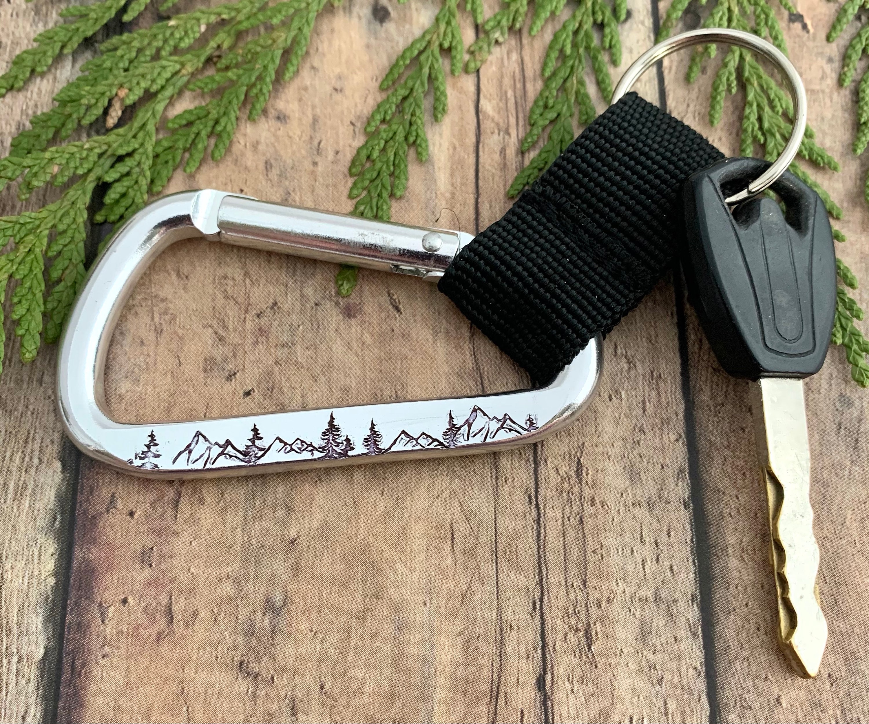 Mountain and Tree Keychain, Hand Stamped, Alpine Carabiner