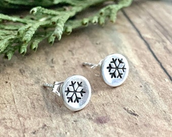 Tiny Snowflake Earrings, Hand Stamped, Sterling Silver Circle Snowflake Stud Earrings