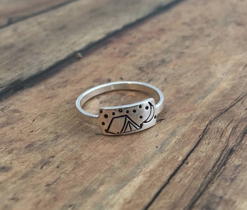 Camping Ring Hand Stamped Sterling Silver Tent Moon and Etsy