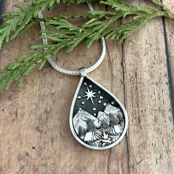 Mountain Camping, Christmas Star Necklace, Hand Cut, Starry Night Shadowbox Necklace