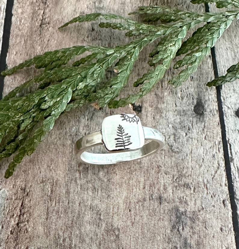 Pine Tree and Sun Ring, Hand Stamped Nature Ring, Pine Trees and Sun Hiking Ring image 1