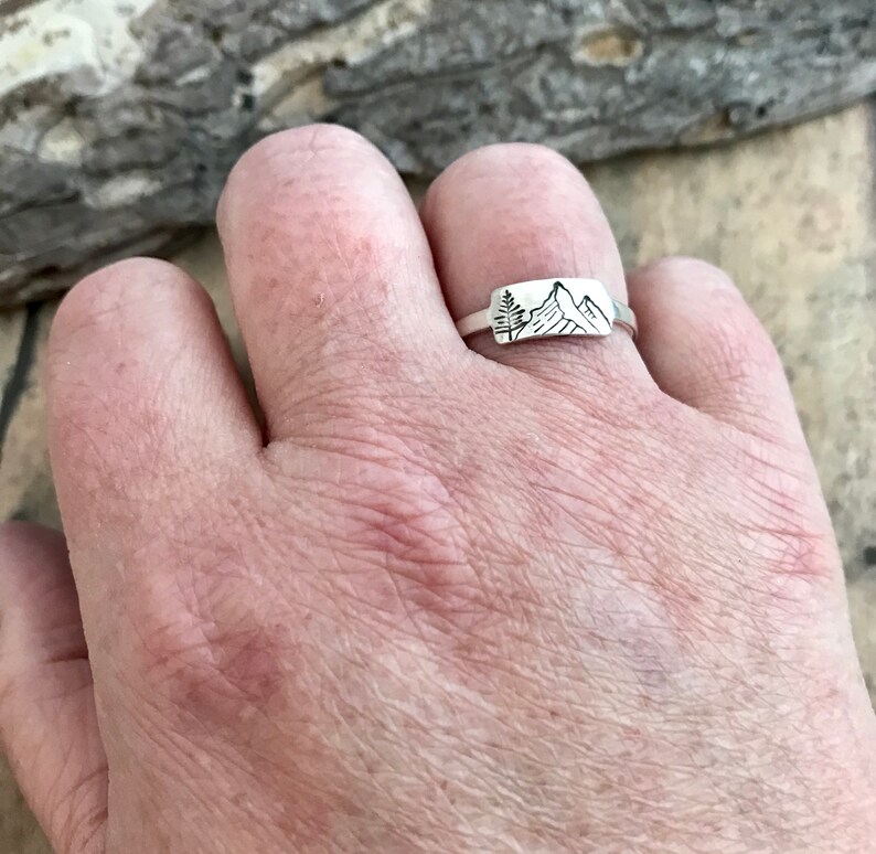 Mountain and Pine Tree Ring, Hand Stamped, Sterling Silver, Mountains and Pine Ring image 4