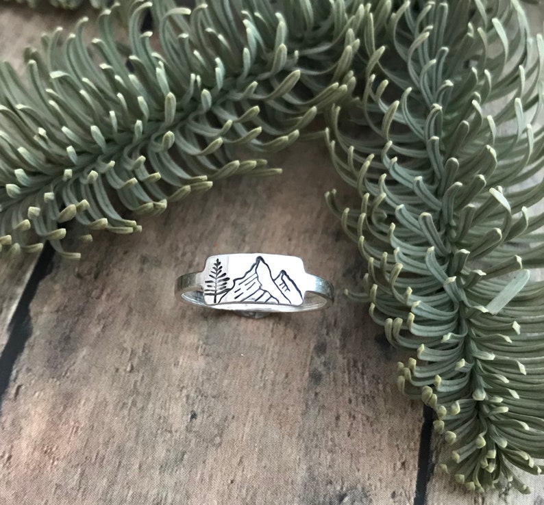 Mountain and Pine Tree Ring, Hand Stamped, Sterling Silver, Mountains and Pine Ring image 3