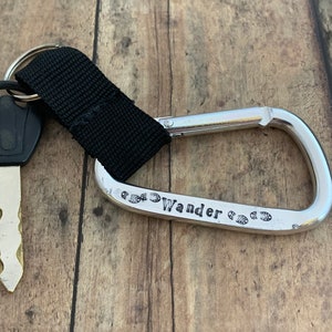 Mountain and Tree Keychain, Hand Stamped, Carabiner, Wander and Hiking Keychain image 5