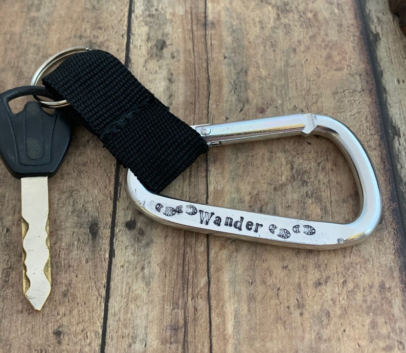 Mountain and Tree Keychain, Hand Stamped, Carabiner, Wander and Hiking Keychain image 5