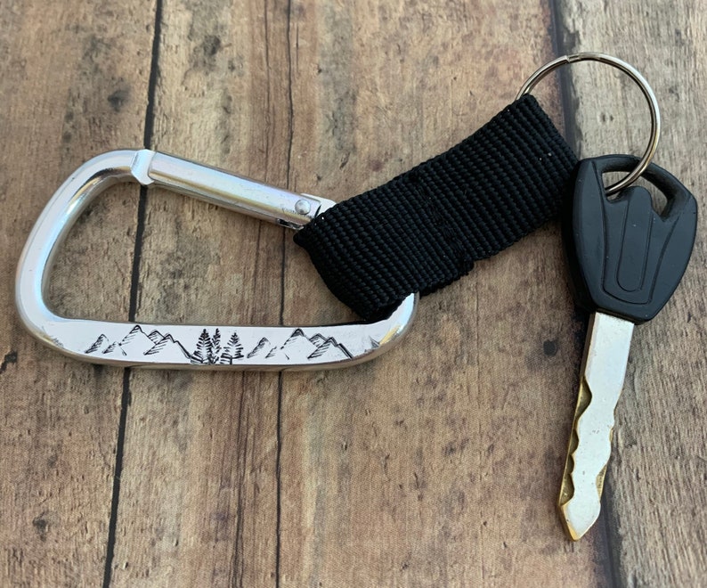 Mountain and Tree Keychain, Hand Stamped, Carabiner, Wander and Hiking Keychain image 6