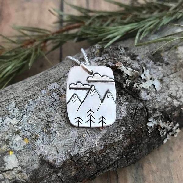 Mountain and Tree Necklace, Hand Cut, Sterling Silver Mountains, Clouds and Stick Pine Tree Necklace