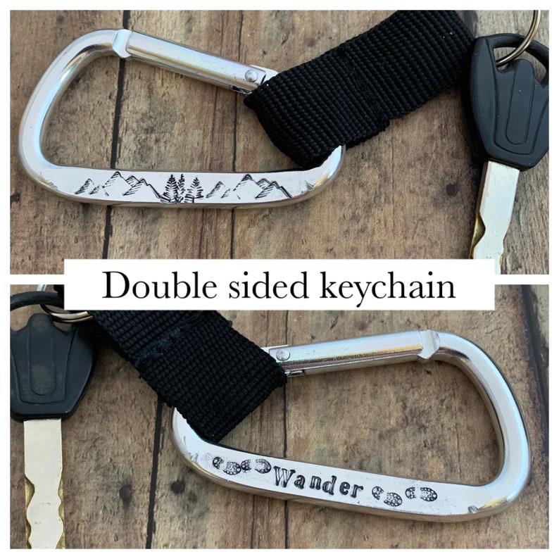 Mountain and Tree Keychain, Hand Stamped, Carabiner, Wander and Hiking Keychain zdjęcie 1