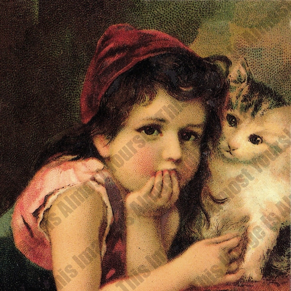 Girl, Kitten, Child, Animal, Pet, Portrait, Lovely, Instant Digital Download, Ephemera, Victorian Era, Vintage Image Collage, JPG